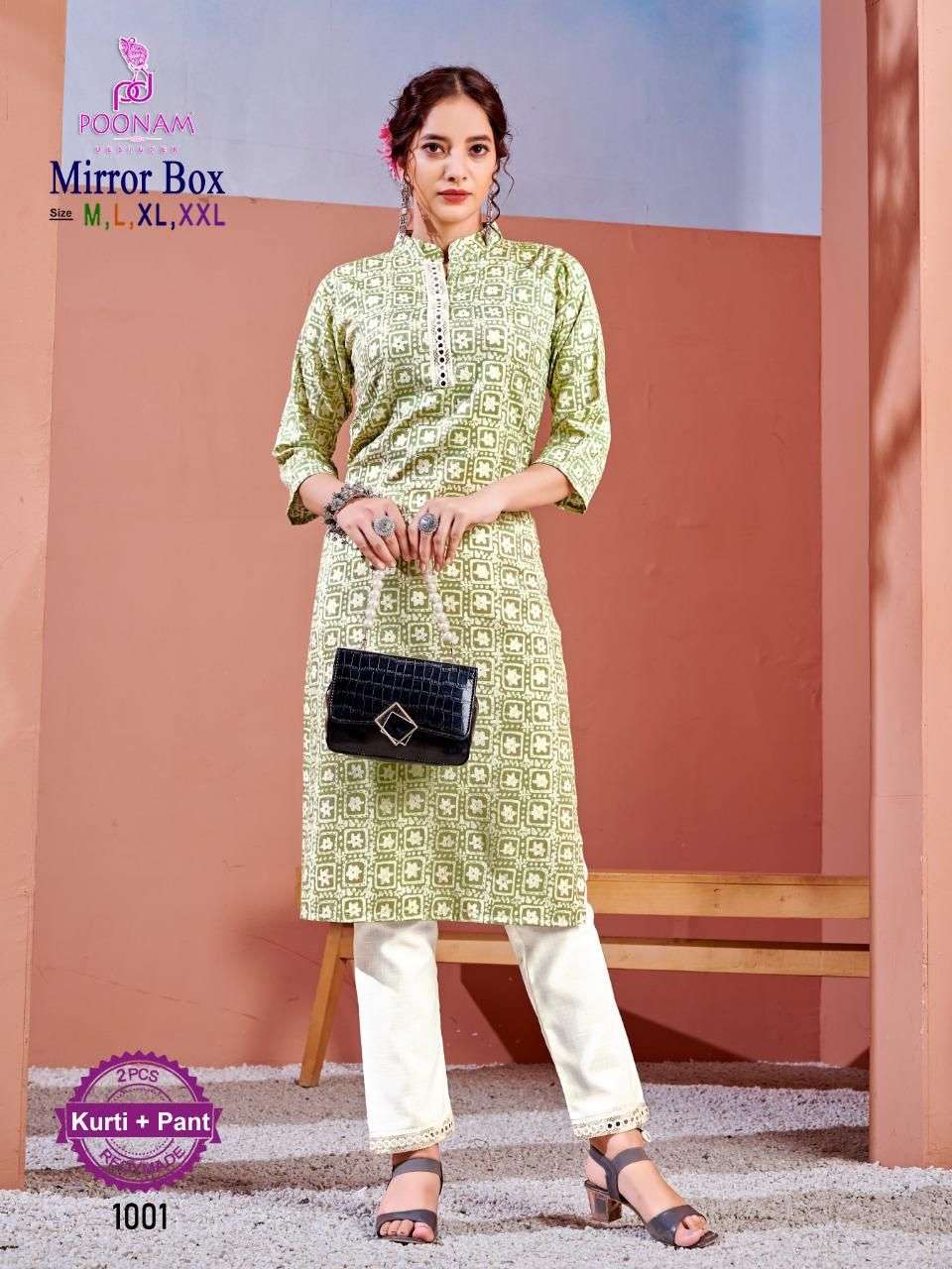 Poonam Designer Mirror Box Pure Rayon kurti And Sifli Work With Mirror Work Pant-1001